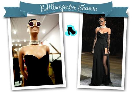 Bustier y falda de Adam Selman; gafas y gargantilla vintage de Chanel usados por Rihanna en el Victoria's Secret Fashion Show 2012.