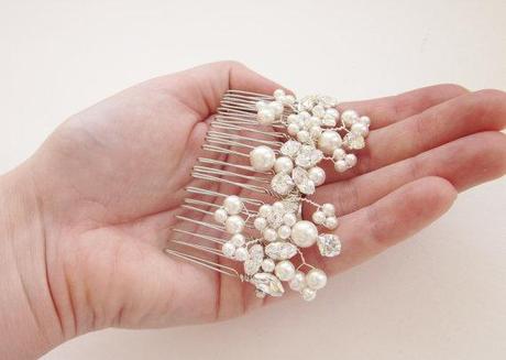 Rhinestone pearl hair comb, bridal head piece with Swarovski pearl clusters & rhinestone crystals