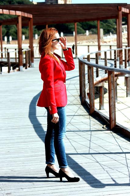 Red blazer on a day at the beach