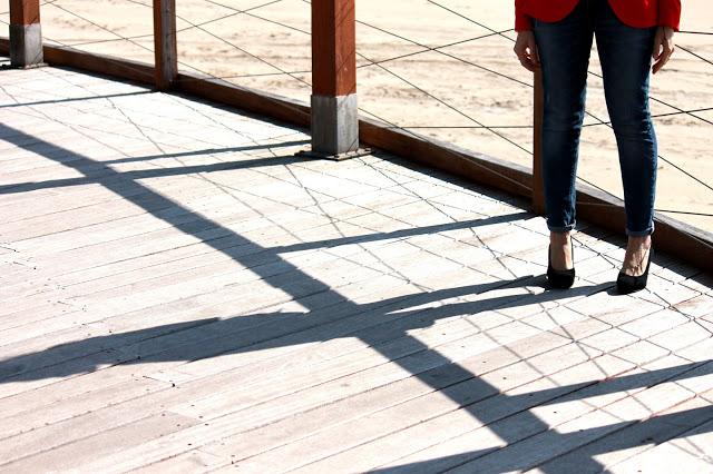 Red blazer on a day at the beach