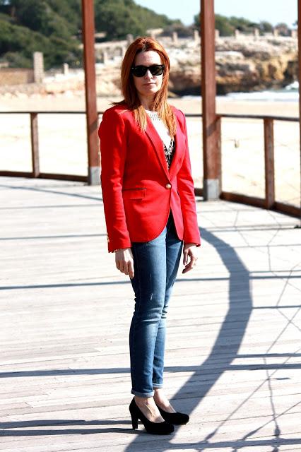 Red blazer on a day at the beach