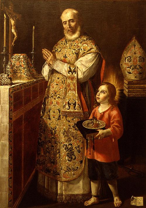 spanishbaroqueart:  Jerónimo Jacinto de Espinosa Mass of Saint Peter Paschasius (1660) Museum of Fine Arts of Valencia, Spain  The painting depicts the Spanish saint, Bishop of Jaén, who while a prisoner of the Moors in Granada, was assisted on one occasion by the Child Jesus himself as an altar boy. Born in Valencia around 1225, Saint Peter Paschasius entered the Order of Mercy, preaching in many places and redeeming prisoners in the Muslim Kingdom of Granada where he lived as a slave, refusig to be rescued and relinquishing the ransom sent for him in favour of other captive companions. Martyred for his defence of the faith, was beheaded in 1300.  