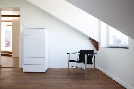 vistas a los tejados de la ciudad vigas de madera en el techo tragaluces accionados por control remoto suelo de madera de roble sistema de aspiración centralizada luces empotradas estilo nórdico atico estilo nórdico electrodomésticos de diseño dormitorio que integra walking closet y cuarto de baño diseño aticos decoración áticos diáfanos blog decoración nórdica Ático de estilo nórdico con chimenea y walking closet 