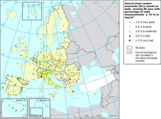 Mapa de niveles de Monóxido de Carbono en aire ambiente (Europa, 2011)