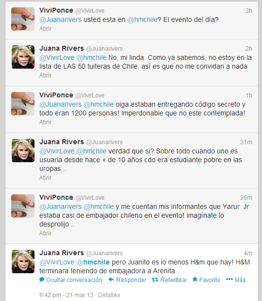 @JuanaRivers indignada porque no la invitaron a la gala de H&M; Chile