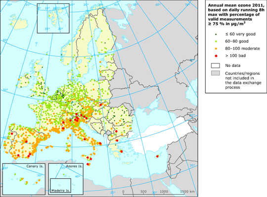 Mapa de niveles de Ozono en aire ambiente (Europa, 2011)