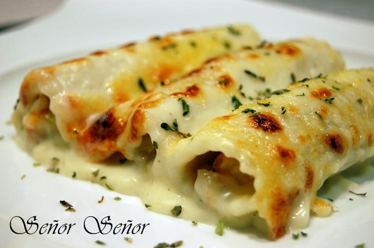 Canelones de rape y gambones. Unos canelones diferentes