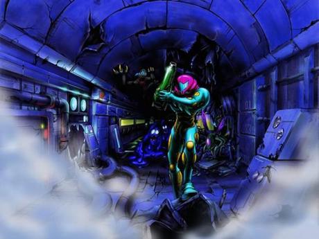 Samus en el interior de la estación atacada se prepara para el combate