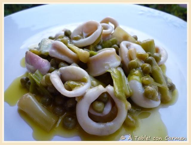 Calamares con Guisantes y Ajetes