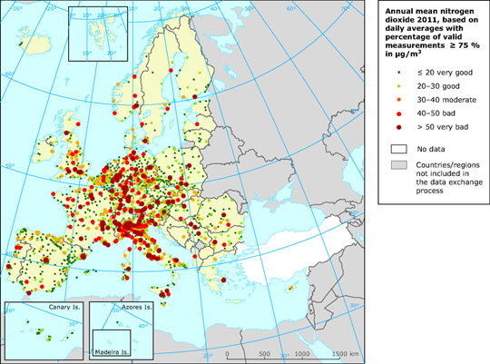 Mapa de niveles de Dióxido de Nitrógeno en aire ambiente (Europa, 2011)