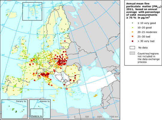 Mapa de niveles de Partículas PM2.5 en aire ambiente (Europa, 2011)