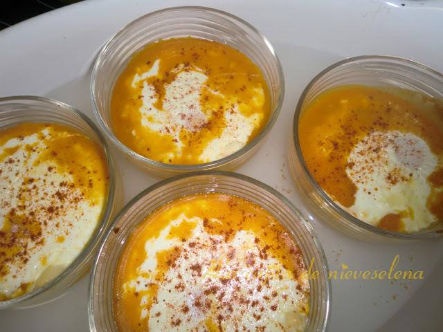 Delicias de huevo en crema de calabaza con queso grana