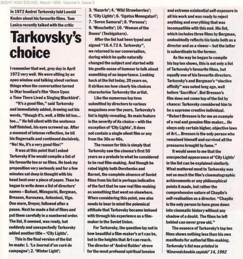 Las 10 películas favoritas de Andrei Tarkovsky