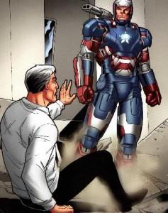 Eric Savin con la armadura de Iron Patriot en el libro de Iron Man 3