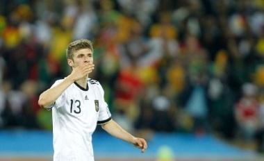 DURBAN, June 14, 2010 Thomas Muller of Germany celebrates his goal during a Group D first round match against Australia at the 2010 FIFA World Cup at Moses Mabhida stadium in Durban, South Africa, on June 13, 2010.