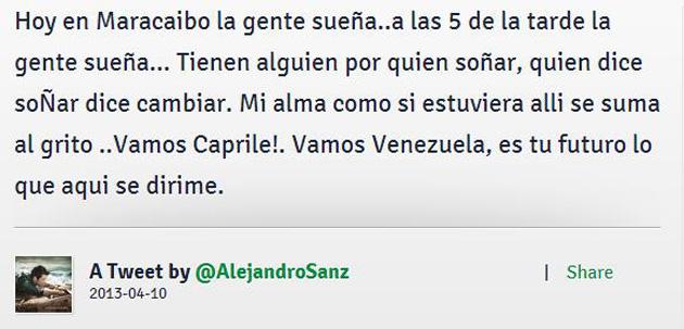 Otro Importado:  Alejandro Sanz: “Mi alma como si estuviera allí se suma al grito ¡Vamos Capriles!”