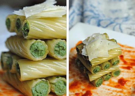 Timbal de tortiglioni rellenos de espinacas, ricotta y pesto