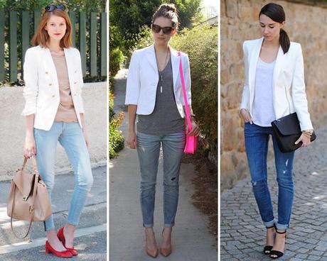 Blazer blanco + Jeans rotos = combinación ganadora.