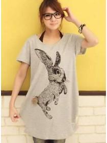 Grey Ladies Lovely Rabbit Printed Loose Long Style Short Sleeves Cotton Tops One Size  RKD954448g