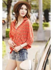 Orange Women Retro Print  Chiffon Shirts One Size  FZ70443o