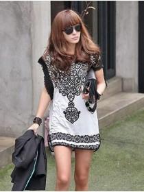 Black Women Retro Totem Printed Lotus Sleeves Chiffon And Cotton Long Style T-Shirts One Size RKD954600b