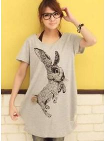 Grey Ladies Lovely Rabbit Printed Loose Long Style Short Sleeves Cotton Tops One Size  RKD954448g
