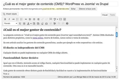 Captura de pantalla del gestor de contenido (CMS) WordPress. Más sencillo que Joomla! o Drupal.