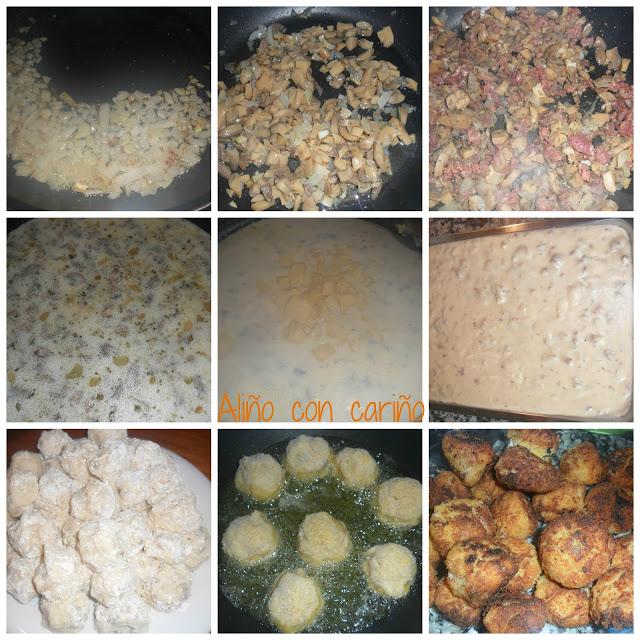 CROQUETAS DE CHEDDAR, JAMÓN Y CHAMPIÑONES