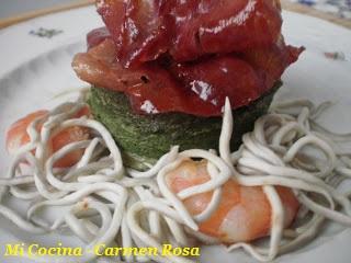 REVUELTO DE ESPINACAS CON LANGOSTINOS, CHAMPIÑONES Y GULAS