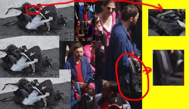 Foto muestra un hombre con mochilas del atentado en Boston