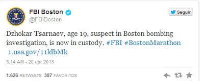 FBI twitter confirmando detención de sospechoso atentado Boston