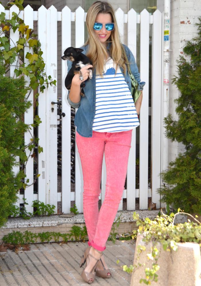 Colorful outfit; pink, green and stripes