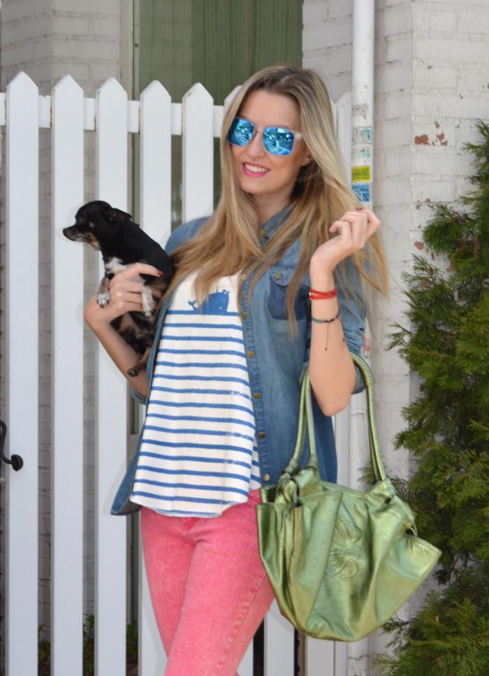 Colorful outfit; pink, green and stripes