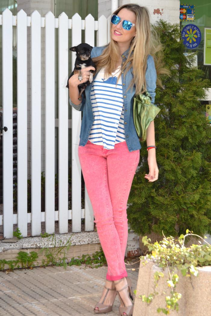 Colorful outfit; pink, green and stripes