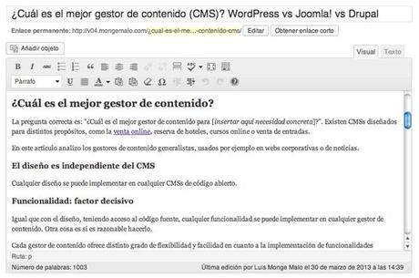 Captura de pantalla del gestor de contenidos (CMS) WordPress. Más sencillo que Joomla! o Drupal.