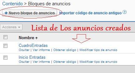 Opción nuevo Bloque de Anuncios Opción nuevo Bloque de Anuncios