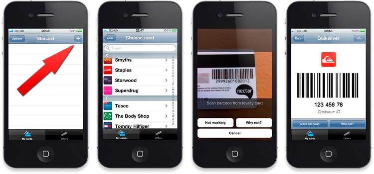 Imágenes con el paso a paso para seleccionar una nueva tarjeta en el listado y meter nuestro código de barras en la app de Stocard - Enredenlared