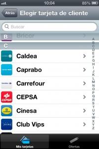 Pantallazo de algunas de las tarjetas que podemos escoger en España con la letra C en la app Stocard - Tarjeta Fidelización - Enredenlared