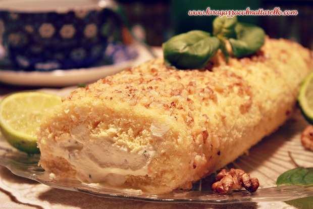 IMG 6089mr Brazo de gitano con crema de mascarpone, albahaca y miel, cubierto con glasa de lima y nueces