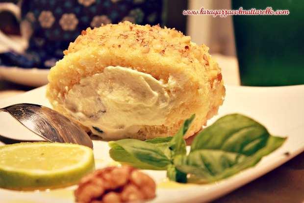 IMG 6118mr Brazo de gitano con crema de mascarpone, albahaca y miel, cubierto con glasa de lima y nueces