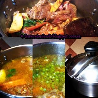 Tajine de carne con patatas y guisantes.