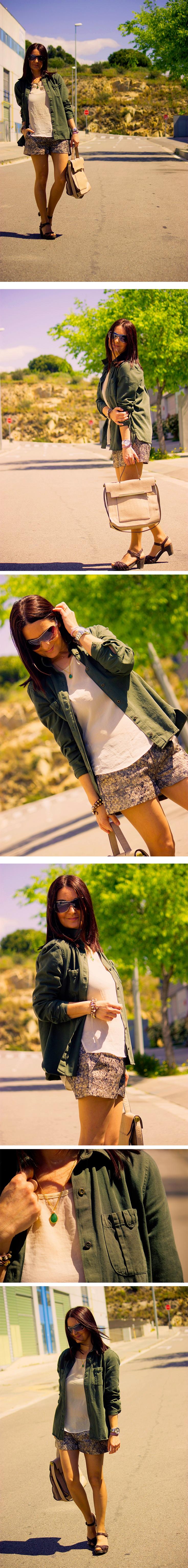 Shorts efecto paillettes y camisa militar