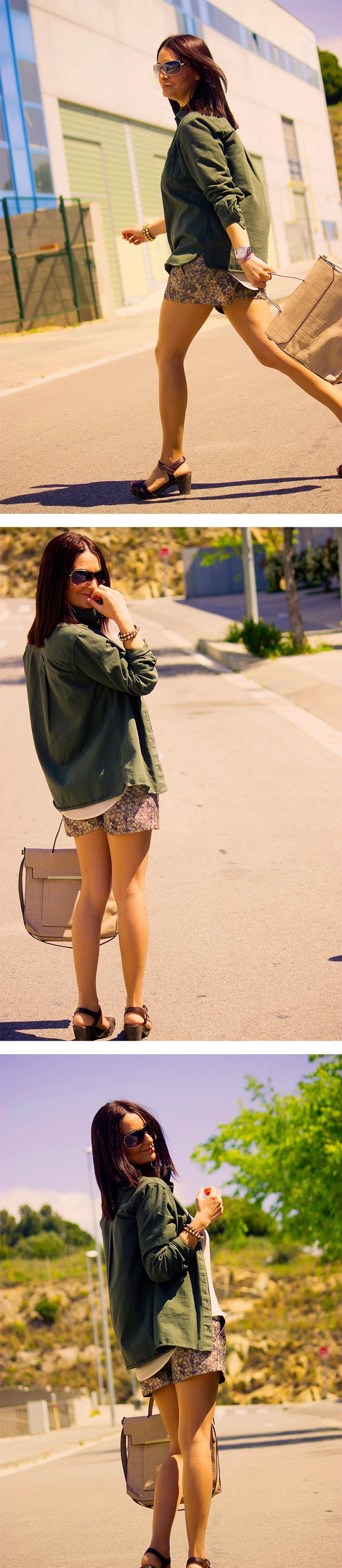 Shorts efecto paillettes y camisa militar