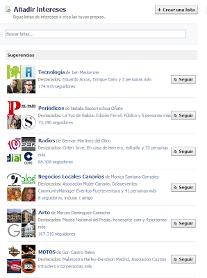 sugerencias de facebook para seguir listas