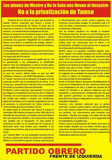 Los planes de Mestre y De la Sota nos llevan al desastre: No a la privatización de Tamse