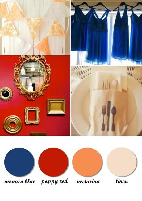 Colour board. Monaco blue, poppy red, nectarine,linen