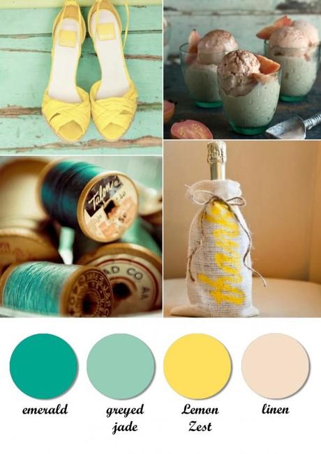 Colour board. Emerald, greyed jade, lemon zest, linen