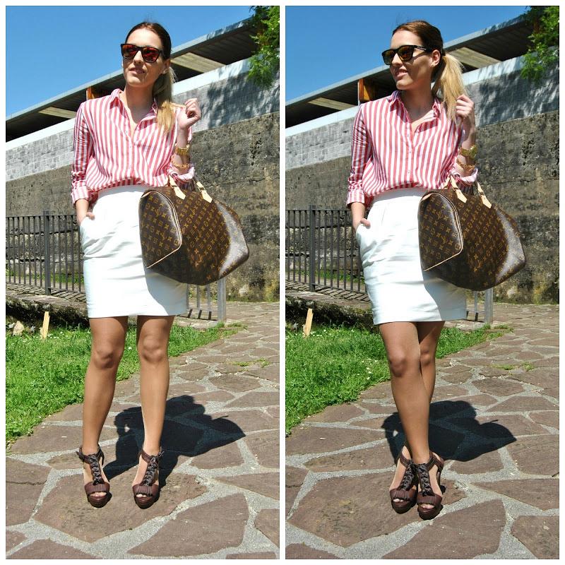 Red and white striped shirt.