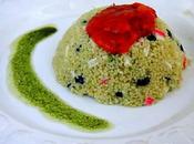 Ensalada cuscús, tomate confitado aceite albahaca