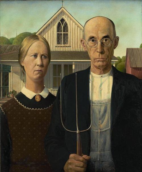  Grant Wood American Gothic, 1930 Oil on Beaver Board, 78 x 65.3 cm (30 3/4 x 25 3/4 in.) Grant Wood adopted the precise realism of 15th-century northern European artists, but his native Iowa provided the artist with his subject matter. American Gothic depicts a farmer and his spinster daughter posing before their house, whose gabled window and tracery, in the American gothic style, inspired the painting’s title. In fact, the models were the painter’s sister and their dentist. Wood was accused of creating in this work a satire on the intolerance and rigidity that the insular nature of rural life can produce; he denied the accusation. American Gothic is an image that epitomizes the Puritan ethic and virtues that he believed dignified the Midwestern character. 